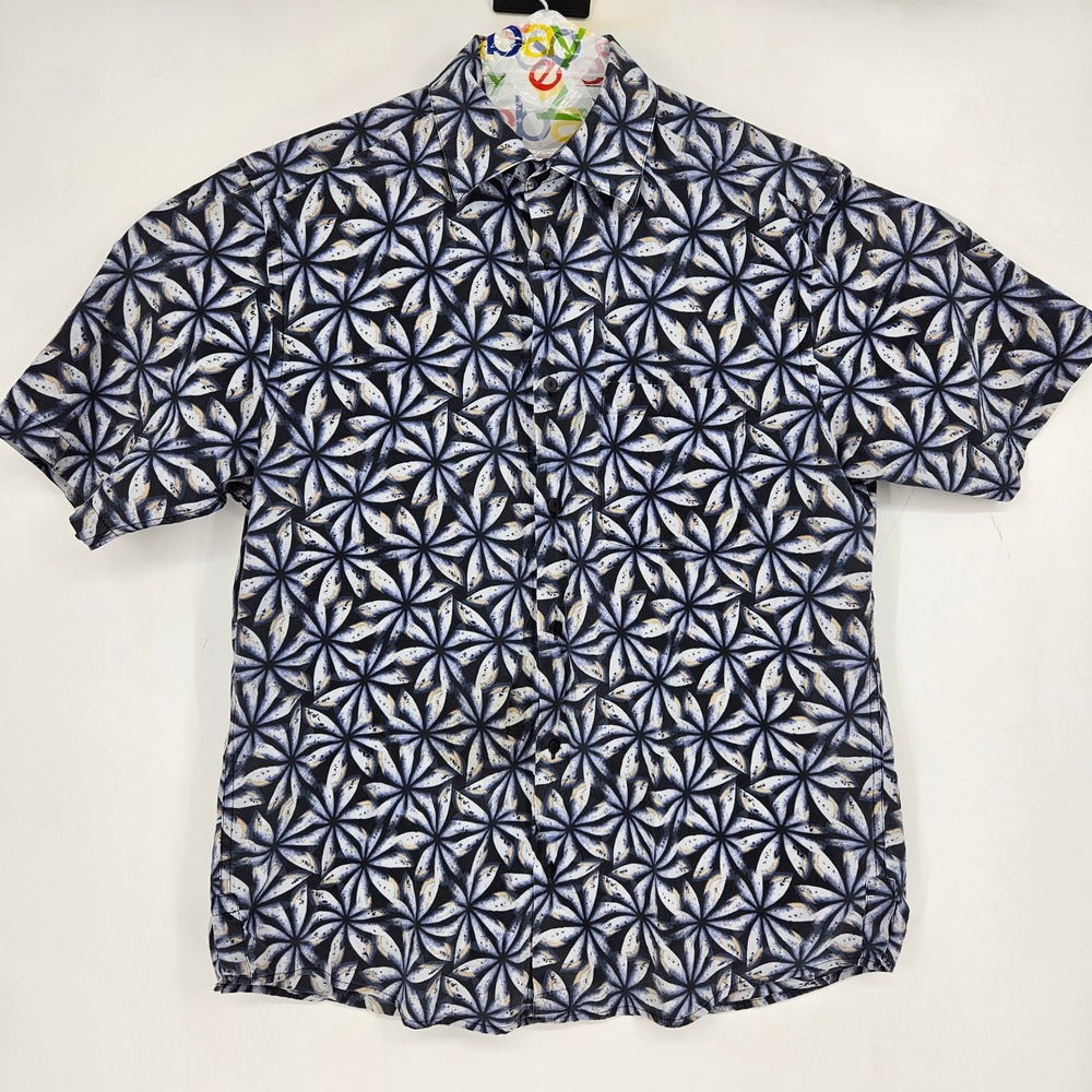Jhane Barnes Shirt Mens Large Geometric Button Up Short Sleeve Blue Silk Blend
